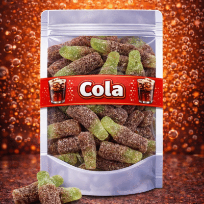Jake gesuikerde cola flesjes snoep groen bruin, zure cola flesjes snoep van het merk Jake, tweekleurige cola gummies met suikerlaag, groene cola flesjes