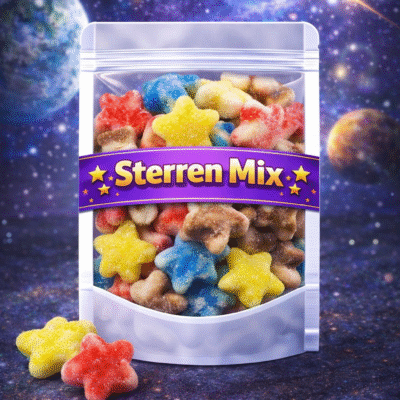 Dulce Plus gesuikerde sterren mix halal, kleurrijke sterretjes snoep met suikerlaag, diverse kleuren fruitgum sterren Dulce Plus, halal gecertificeerd snoepgoed