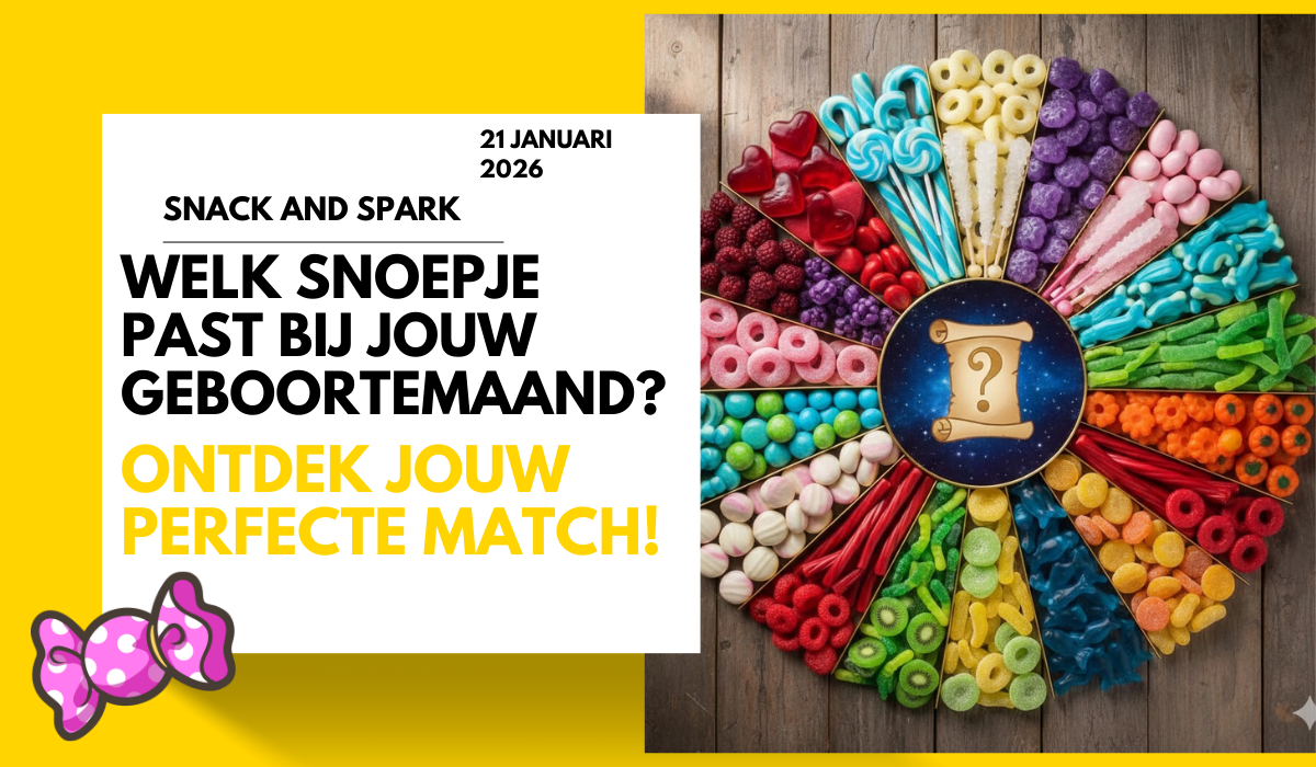 Kleurrijke snoepcirkel verdeeld in twaalf vakken voor geboortemaanden, met verschillende soorten snoepgoed zoals hartjes, ringen, veters en lolly's op een houten achtergrond
