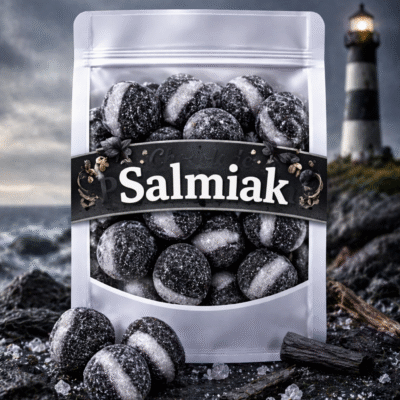 Zure salmiak rocket balls van Frisia, ronde zwart-witte snoepjes met harde buitenlaag en poederige salmiak kern