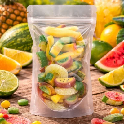 Kleurrijke tropische snoepmix met fruitmix snoep van citroen, ananas, banaan, passievrucht en kiwi in 250 gram verpakking